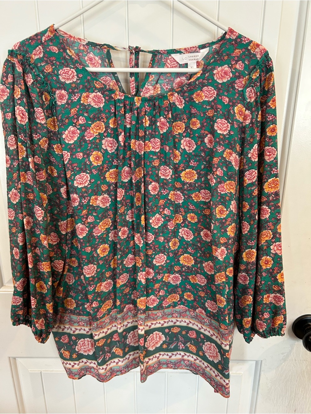 Womens LC Lauren Conrad Teal Floral 3/4 Sleeve Peasant Blouse with tie